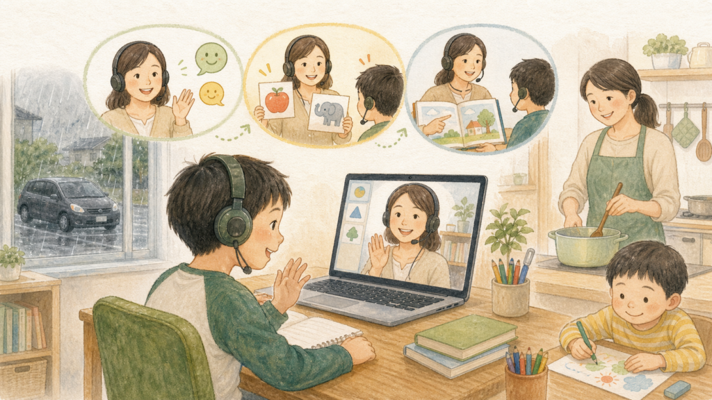 自宅で子どもが講師とマンツーマンで会話し、送迎不要で自分のペースに合わせて学べるメリットを表したイラスト