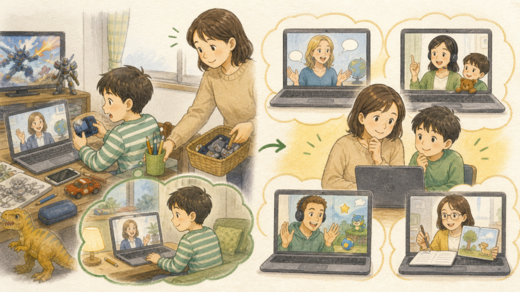 自宅の玩具やゲームに気を取られる子どもと、講師や授業形式との相性を無料体験で確認する親子を描いたイラスト