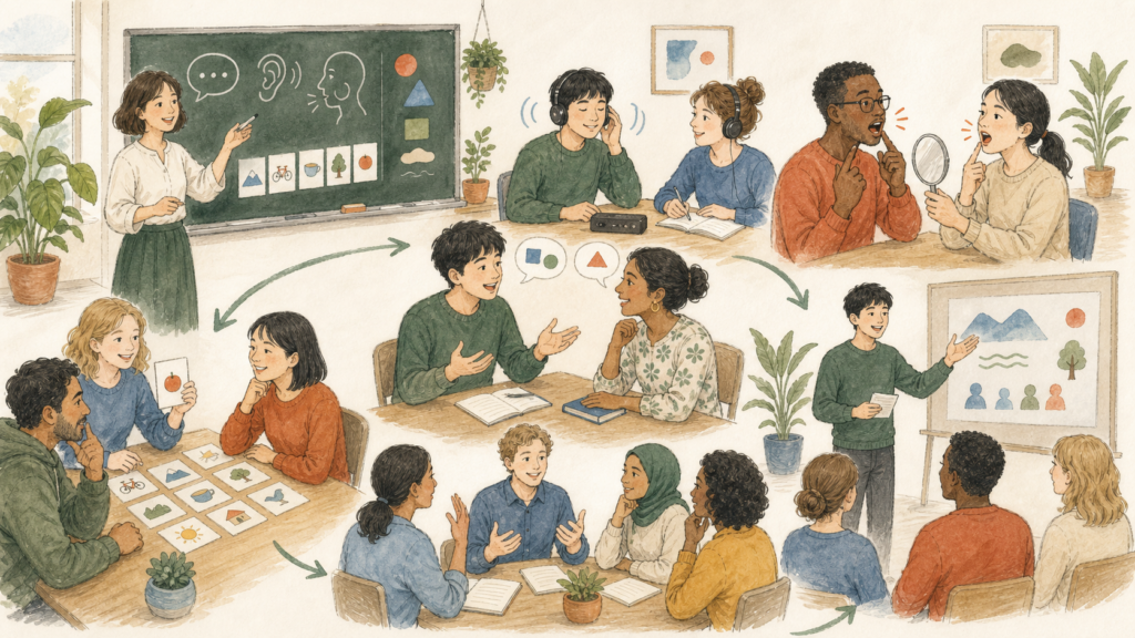 語学学校の教室でリスニング、ペア会話、発音練習、単語カード、グループ討論、発表に参加する生徒のイラスト