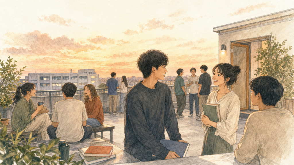 語学学校と同じ寮で暮らす学生たちが集まる屋上で、自然に会話を始める男女のイラスト