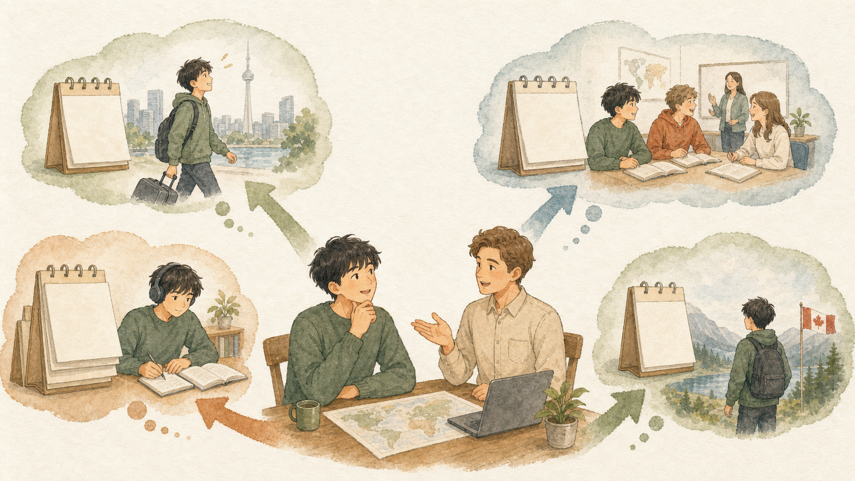 日本人男性が留学カウンセラーと、短期、中期、長期、通学なしの語学学校プランを比較しているイラスト