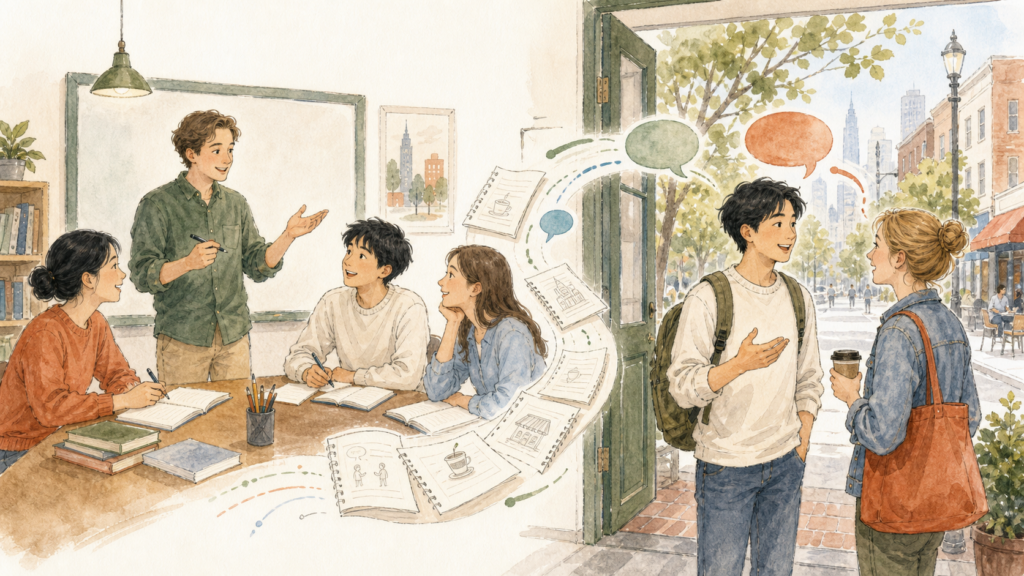 語学学校の教室で先生やクラスメートと学び、授業後に街で覚えた英語を使って会話する留学生のイラスト