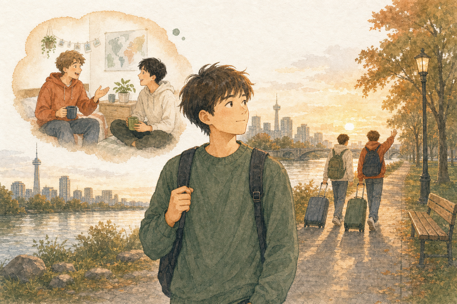 語学学校での友達との思い出を振り返りながら、帰国する仲間をカナダの公園で見送る日本人男性のイラスト