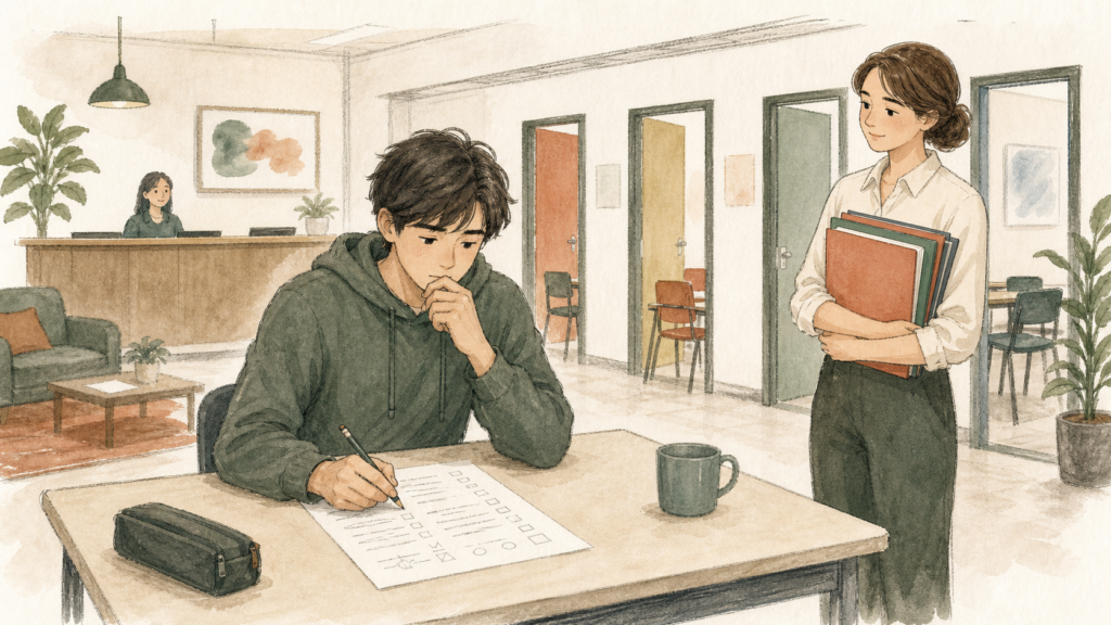 語学学校の初日にクラス分けテストへ取り組み、結果を待ちながら複数の教室を見渡す留学生のイラスト