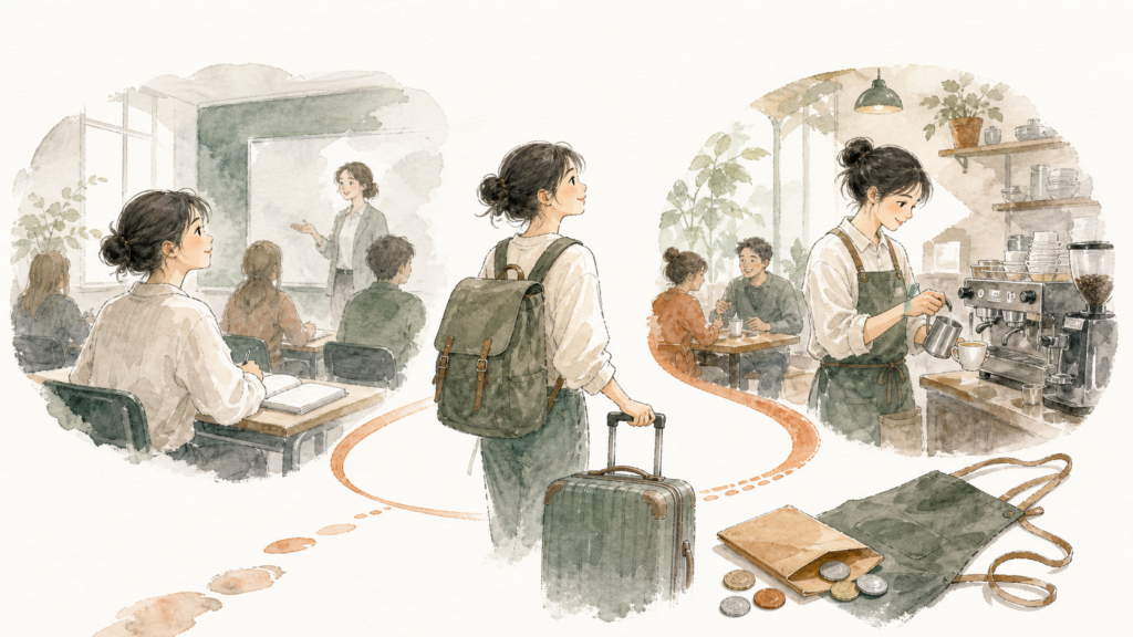 最初に語学学校へ通い、その後は海外のカフェで働きながら英語を使う滞在方法を表したイラスト