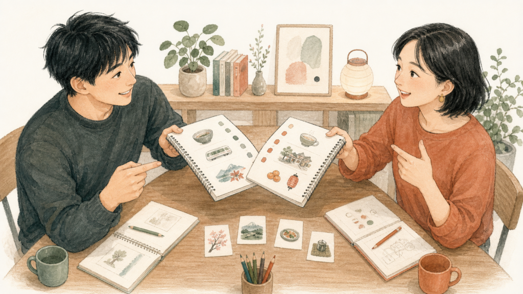 お互いの第一言語を、文字ではなく絵のカードやノートを使って教え合う男女のイラスト