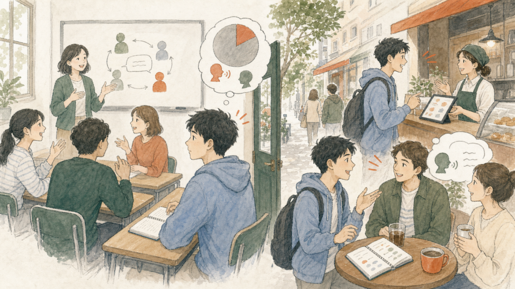 授業中は限られた発話時間で学び、放課後はカフェや友人との会話で覚えた英語を実際に使う留学生のイラスト