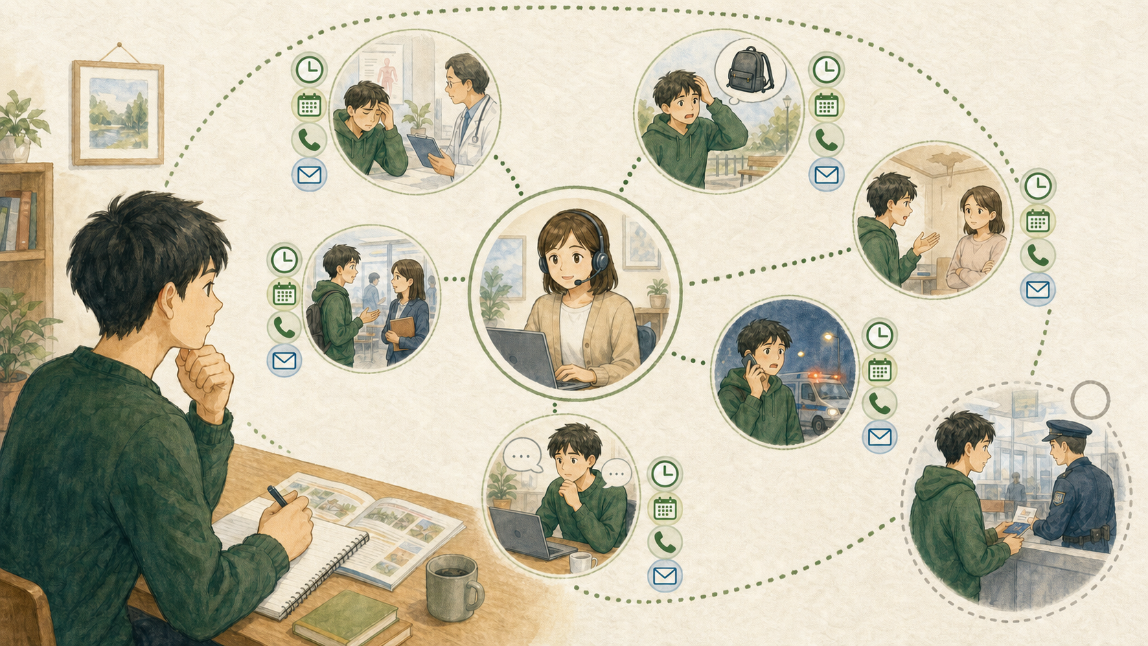 大学生が病院案内、紛失、住居トラブル、学校との連絡、緊急時、日常相談について、現地サポートの連絡方法、対応時間、対象範囲を確認しているイラスト