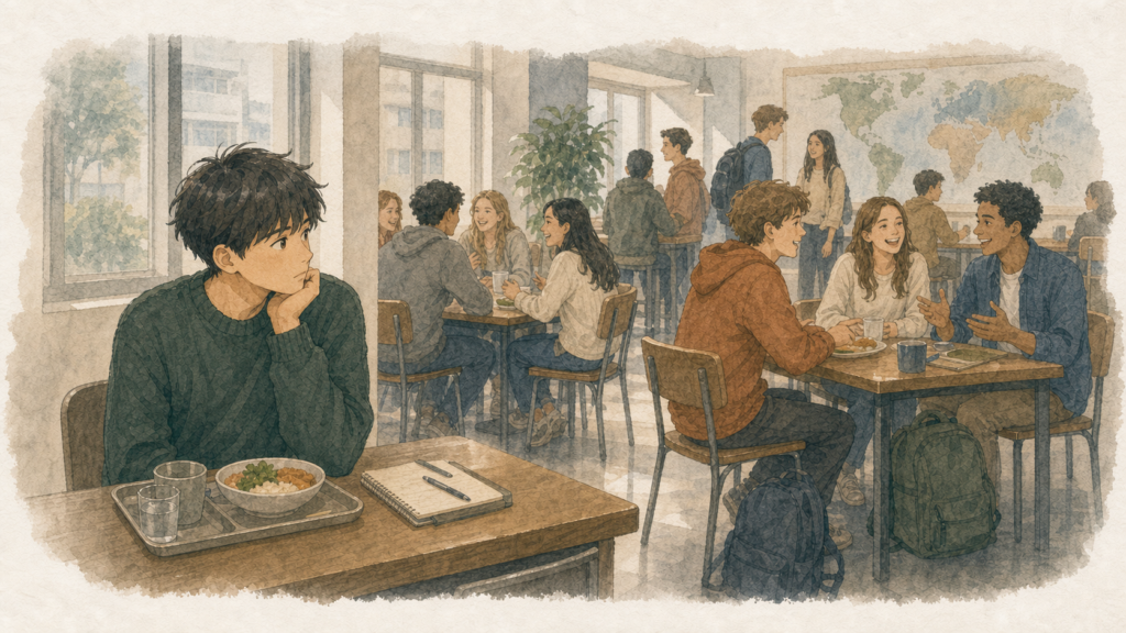 語学学校の食堂で周囲の留学生が会話する中、若い男性が一人で昼食を取り、話しかけるきっかけを考えているイラスト