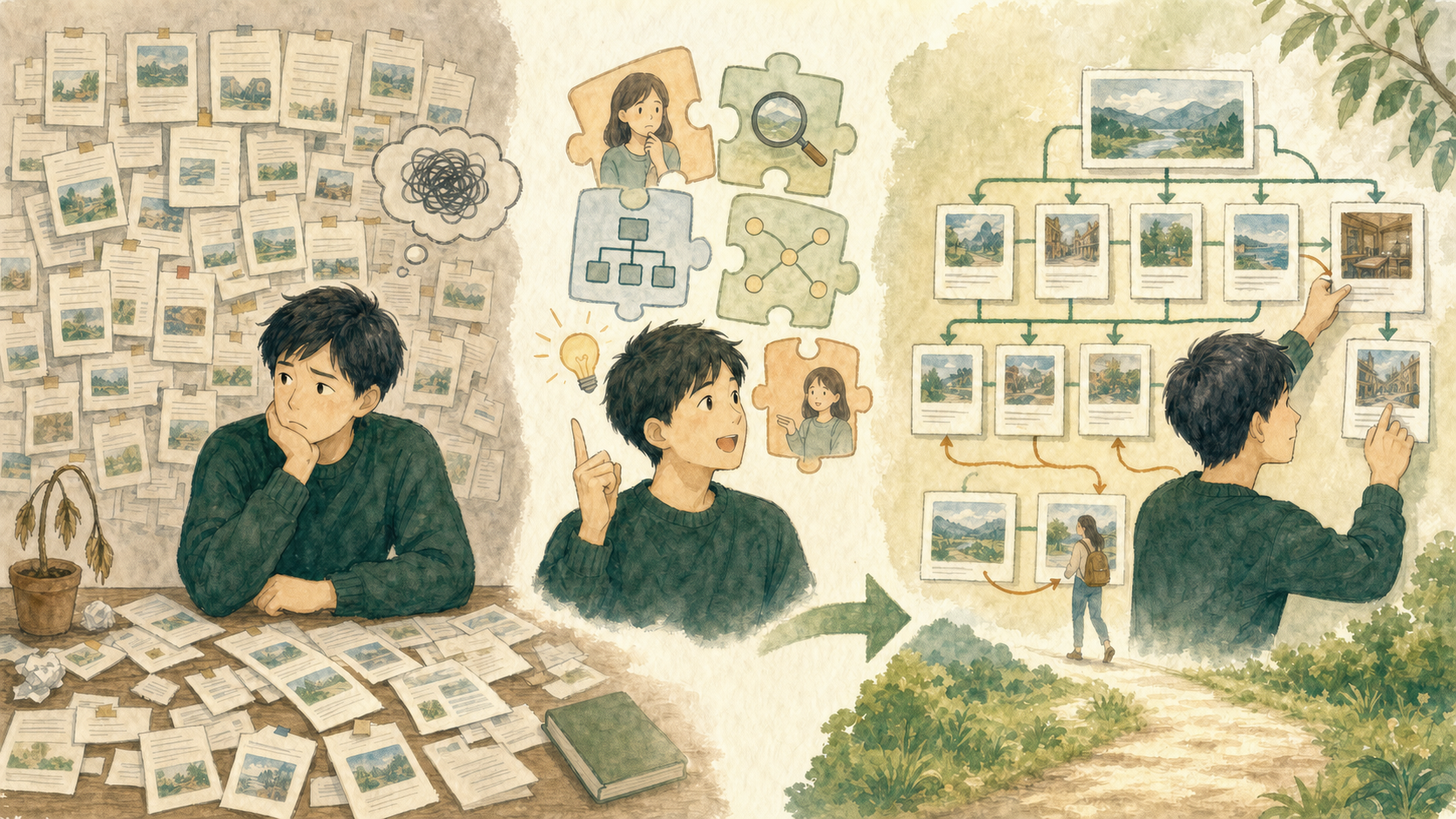 若い男性が大量の記事を書いても成果につながらず、読者の悩み、検索意図、サイト設計、内部リンクを見直して記事同士をつなぎ直しているイラスト