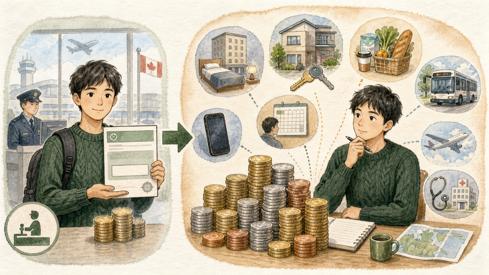 若い男性が入国時に示す残高証明の最低資金と、ホテル、家賃、生活費、帰国費用、緊急費を含む実際の生活資金を比較しているイラスト