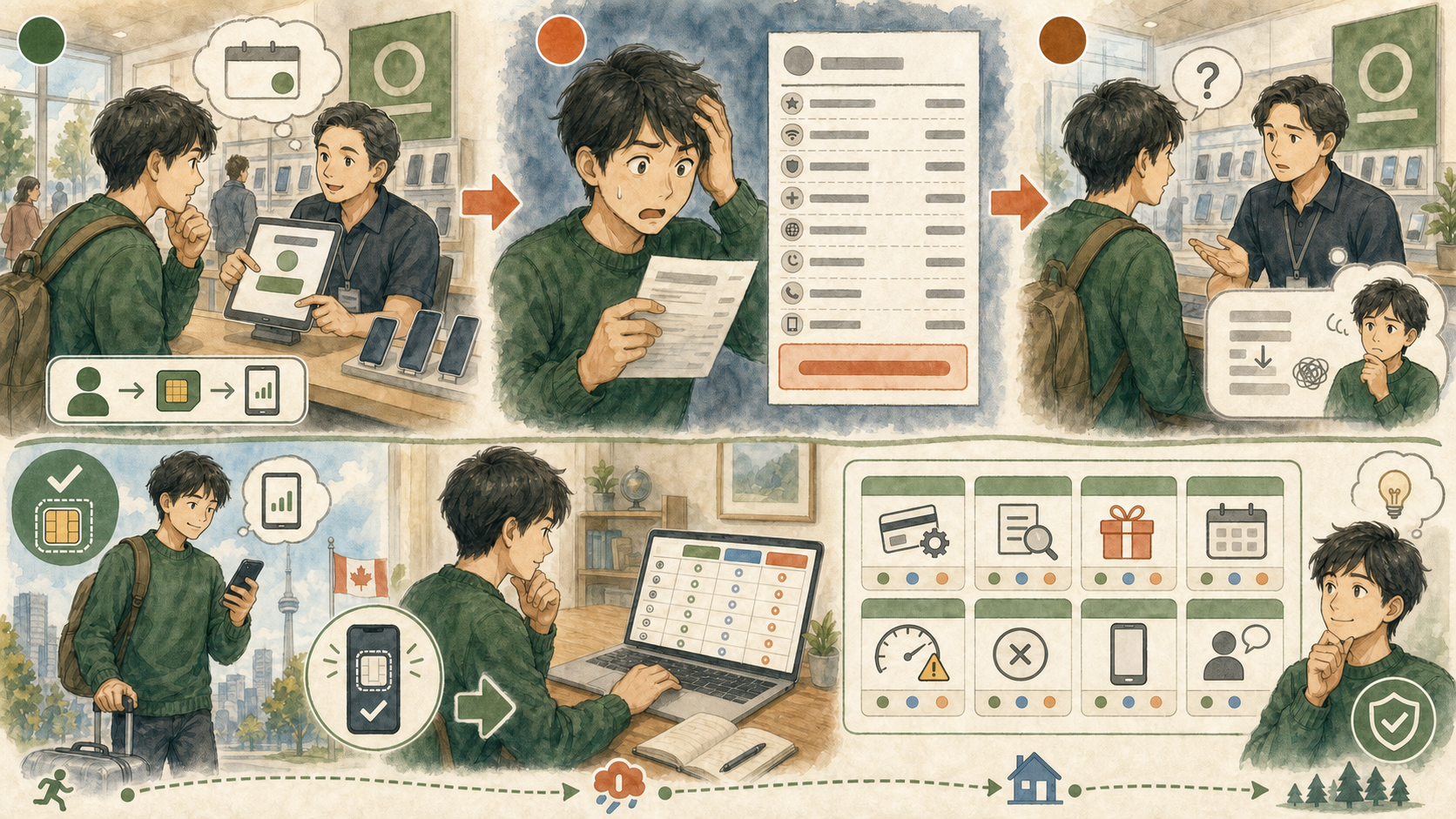 若い男性が現地のスマホ契約で予想外の請求に驚き、初期費用や税金、追加オプション、解約条件を比較して確認しているイラスト