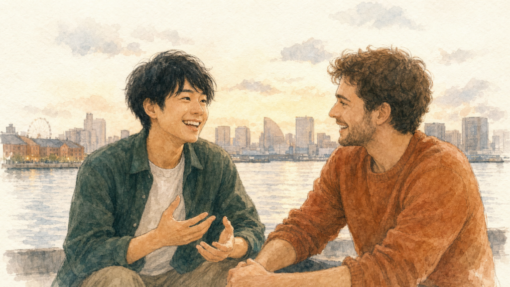 留学生活の終盤に海外の友人と笑いながら深い会話を交わし、英語への自信を感じている男性のイラスト