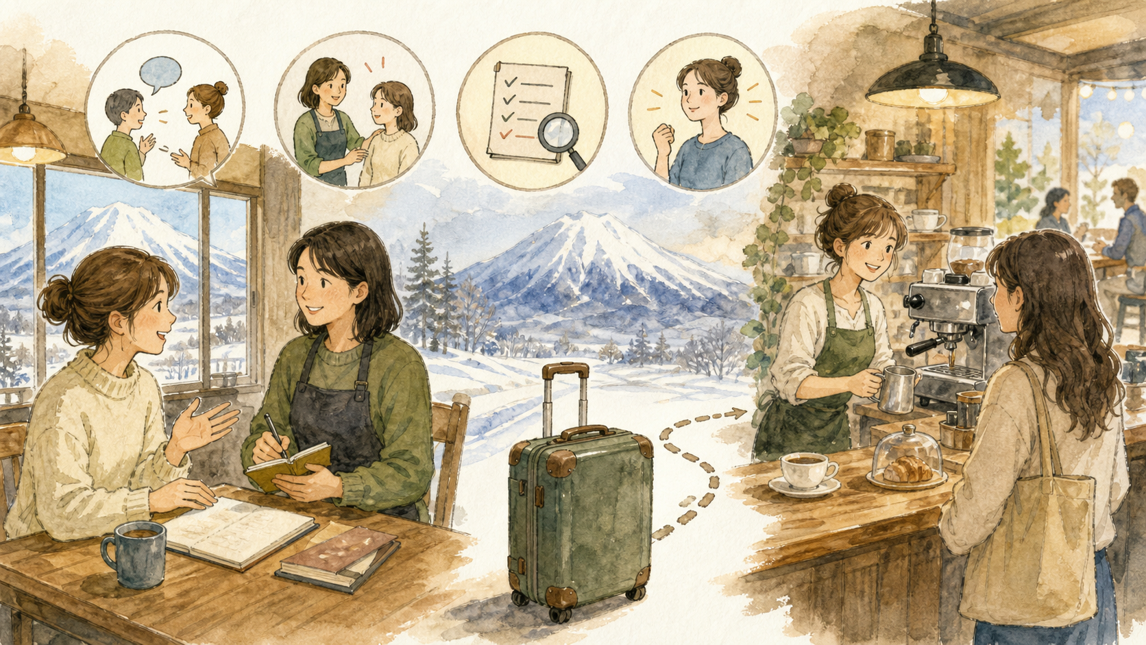 ワーホリ前の学習者がニセコで英語を使う練習をし、日本語サポートを受けながら海外で働く準備をしているイラスト