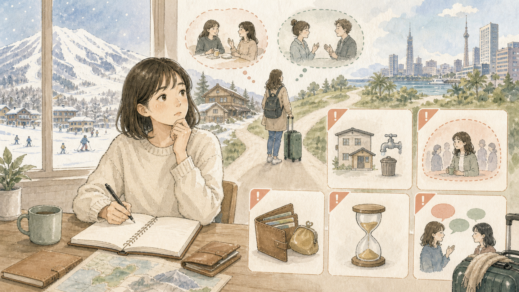 ニセコ留学の注意点として、国内環境であること、英語を自分から使う必要、費用、短期間での伸び方を確認しているイラスト