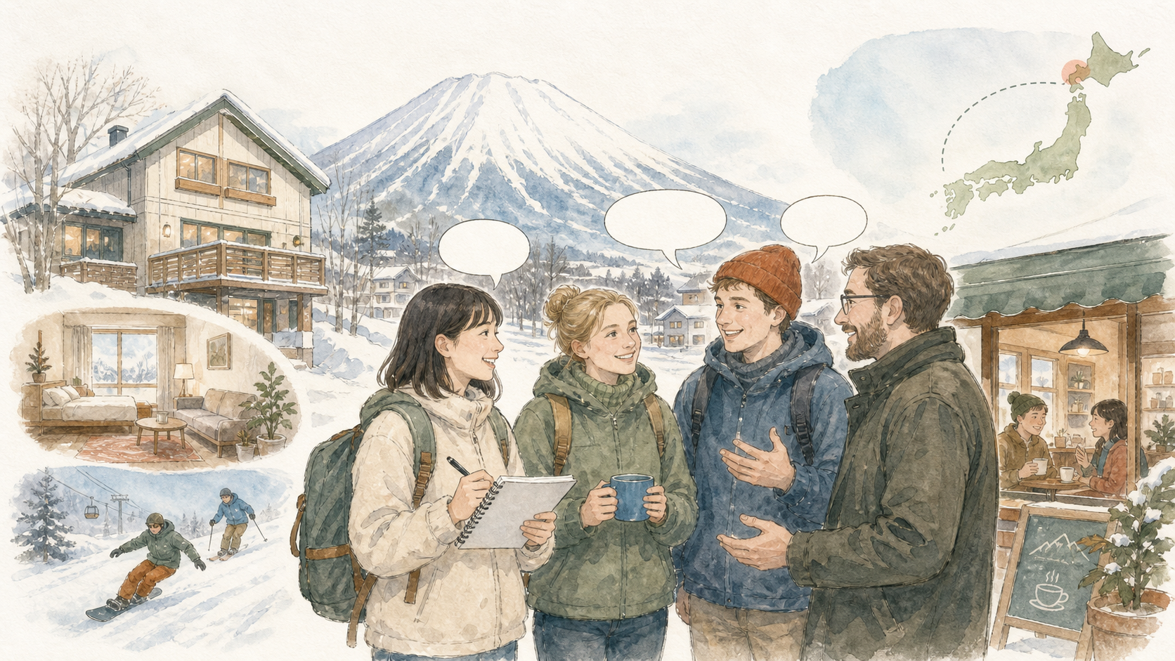 雪山のあるニセコで、日本人留学生が外国人の講師や参加者と英語で会話しながら国内留学を体験しているイラスト