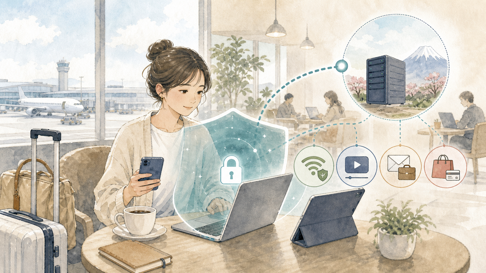 空港やカフェで複数端末を使う旅行者が、公共Wi-Fiの通信保護や日本サーバー接続などNordVPNのメリットを確認しているイラスト