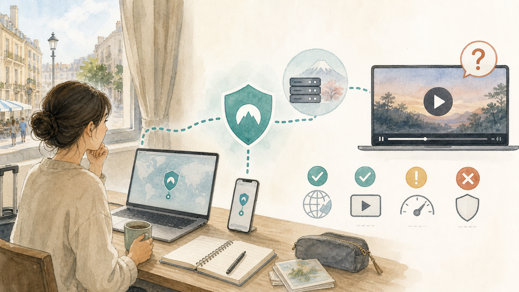 海外の部屋で旅行者がNordVPNの日本サーバーへ接続し、動画サービスの再生可否や速度を確認しているイラスト