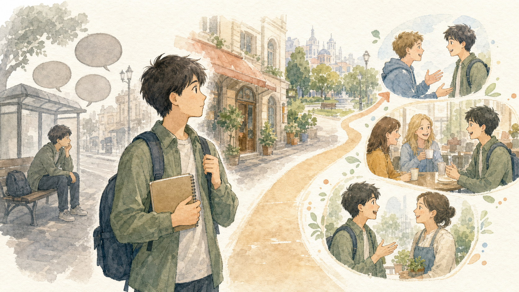 留学先の街にいる男子留学生が、待つだけではなく自分から英語を使う必要があると気づいているイラスト