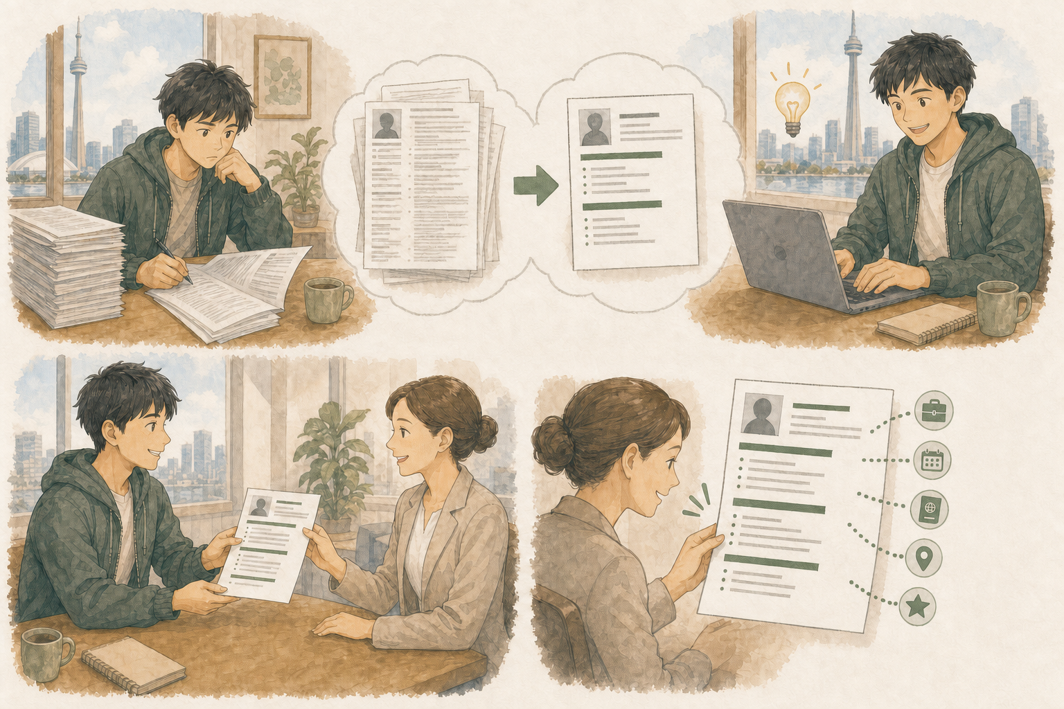 長すぎるレジュメを簡潔で見やすい構成に整え、採用担当者が経験、勤務時間、ビザ期限、居住地、スキルをすぐ確認できるイラスト