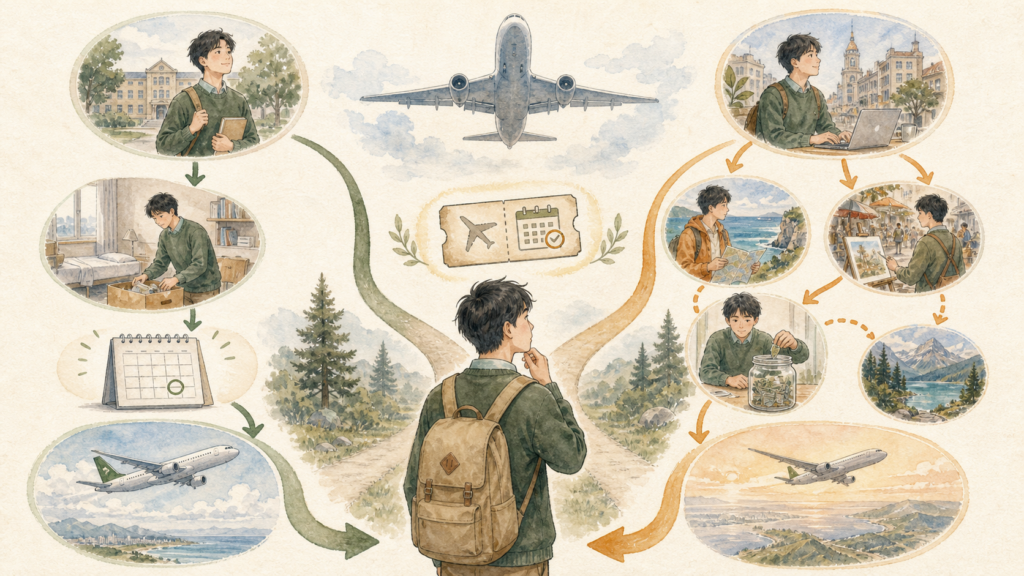 若い男性が、帰国日の決まった留学向けの往復航空券と、予定を柔軟に変えたいワーホリ向けの片道航空券を比較しているイラスト
