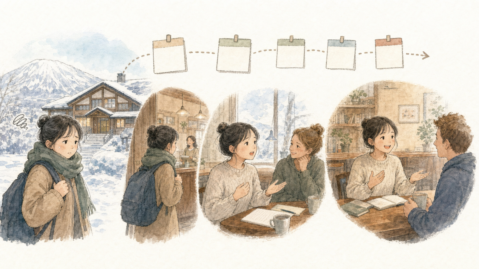 1週間の短いニセコ留学で、最初は緊張していた学習者が少しずつ英語で質問し会話に挑戦しているイラスト