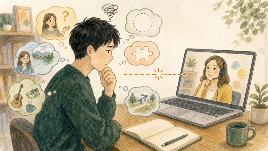 オンライン英会話で講師の質問には答えられるものの、次の質問や話題の広げ方が思い浮かばず沈黙してしまう男性のイラスト