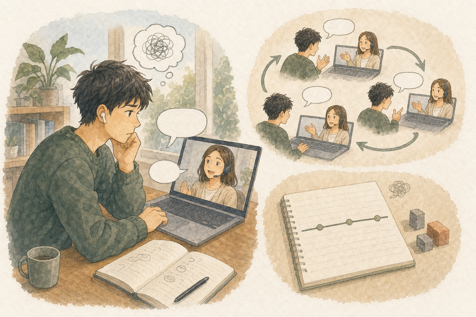 オンライン英会話で会話量は増えても同じ表現を繰り返し、自分の間違いや改善点が分からず悩む日本人男性のイラスト