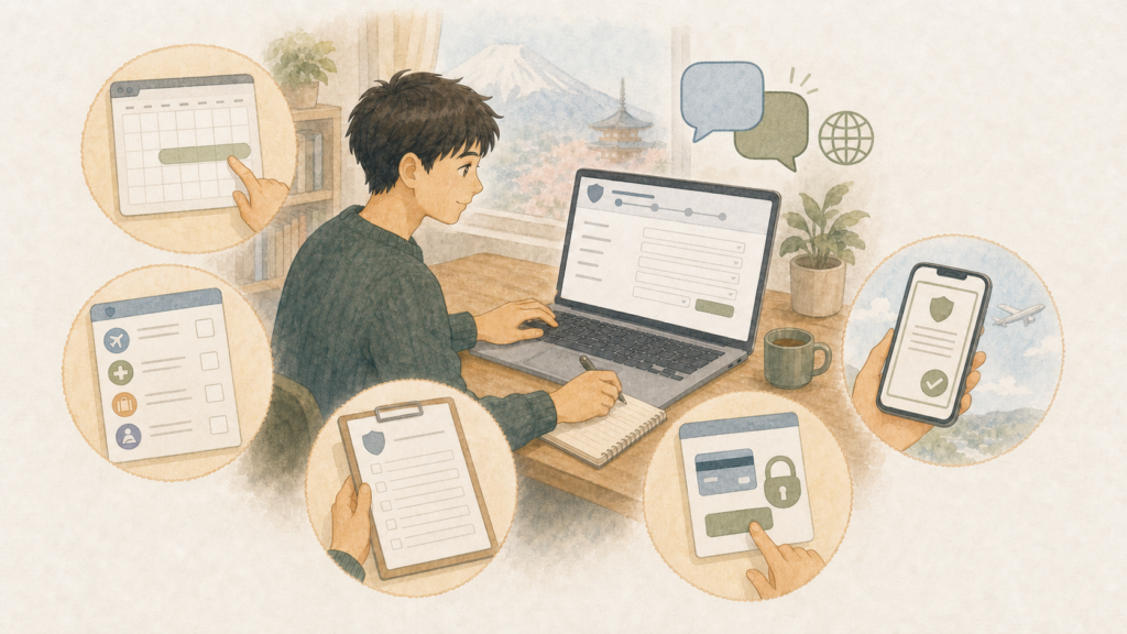 若い男性が日本の自宅で翻訳機能を使いながら、渡航日程や補償を確認して海外保険をオンライン契約しているイラスト