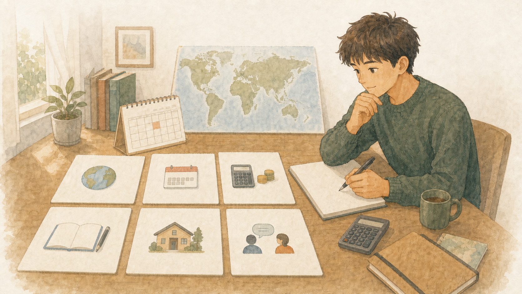 若い男性が自宅の机で留学先、期間、予算、目的、滞在方法、サポートの希望を整理しているイラスト