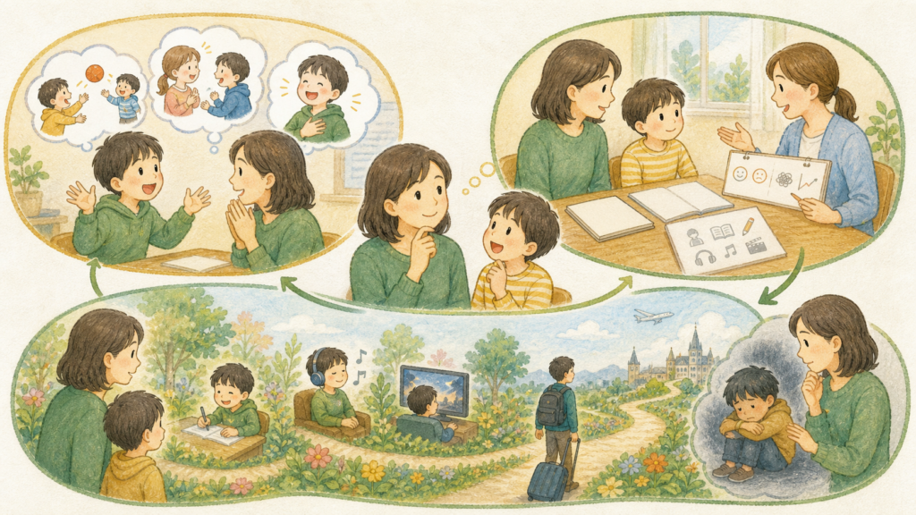 保護者が授業後の子どもの表情と話、先生への相談しやすさ、短期間の点数だけで判断しない長期的な成長を確認するイラスト