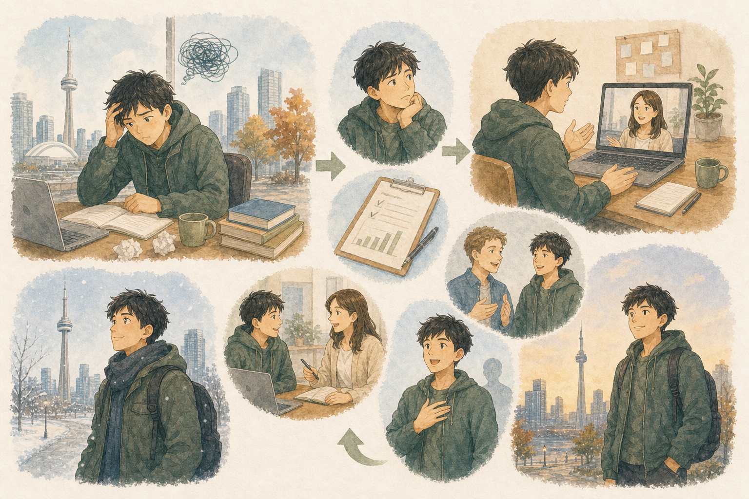 一人では英語学習を続けにくい日本人男性が、コーチの学習計画とネイティブ講師の添削を受けて自信をつけるイラスト