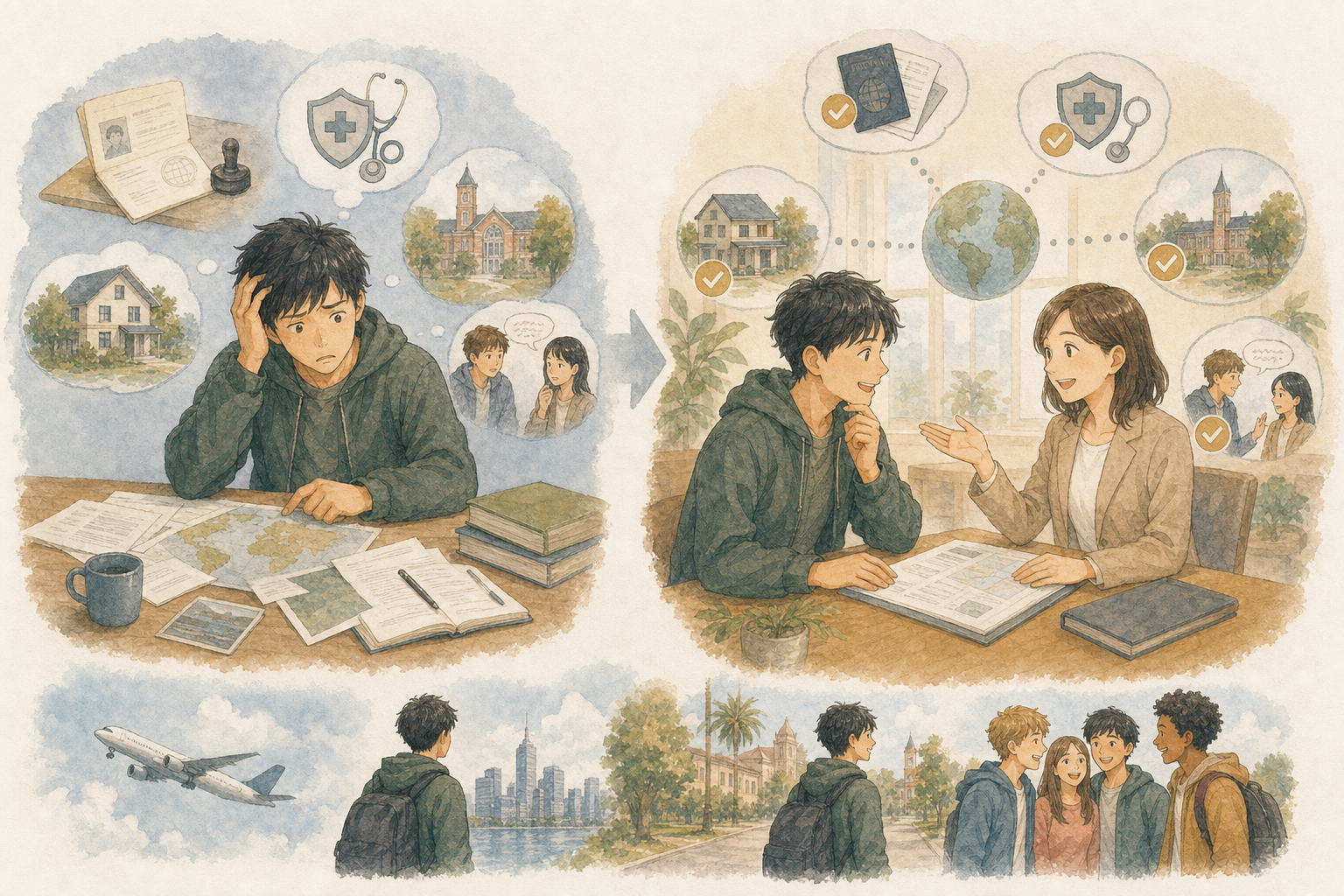 ビザ、保険、学校、滞在先、英語での連絡に不安を感じる初海外の日本人男性が、留学カウンセラーに案内されるイラスト