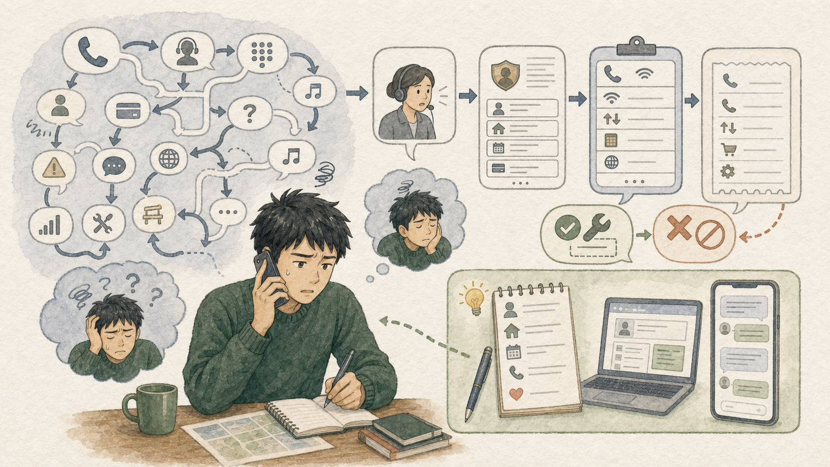 若い男性が英語の自動音声案内と本人確認、請求内容、プラン変更について電話で問い合わせ、聞き返しながら疲れているイラスト