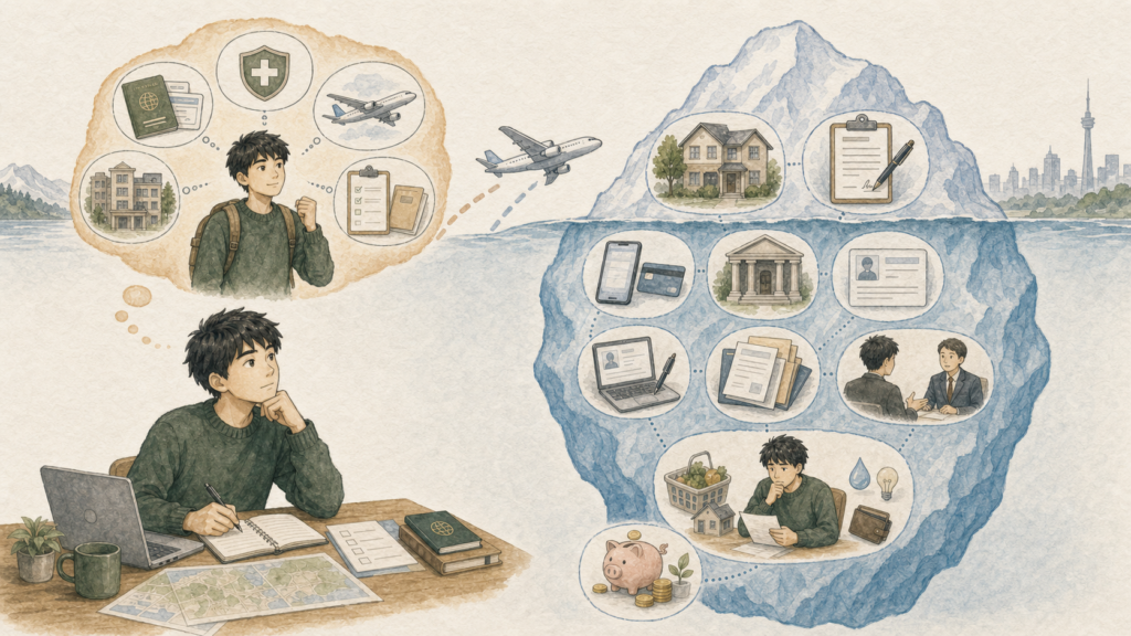 若い男性がビザや保険、航空券などの渡航前準備だけでなく、到着後の家探し、契約、通信、銀行、仕事探し、生活費まで計画しているイラスト