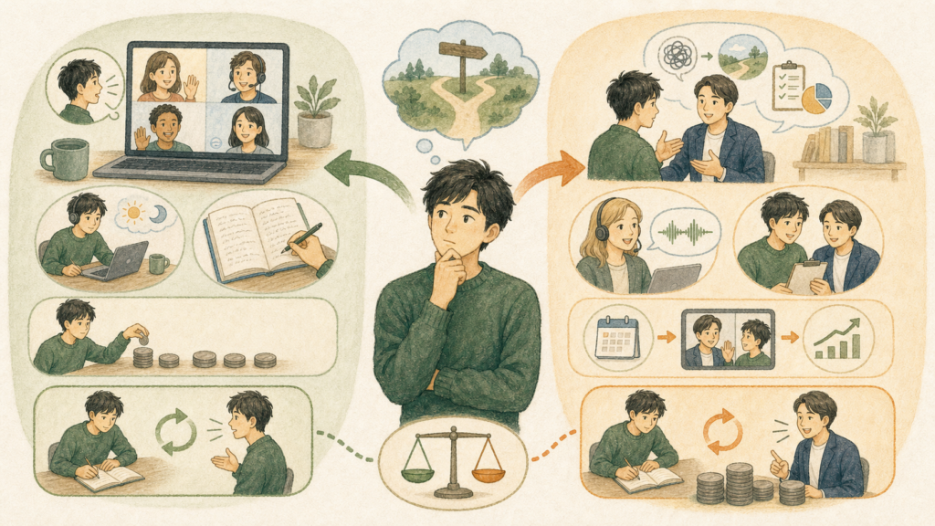 自分で復習しながら会話量を増やしたい人と、原因分析や学習計画、添削の支援を受けたい人が自分に合う方法を選ぶイラスト