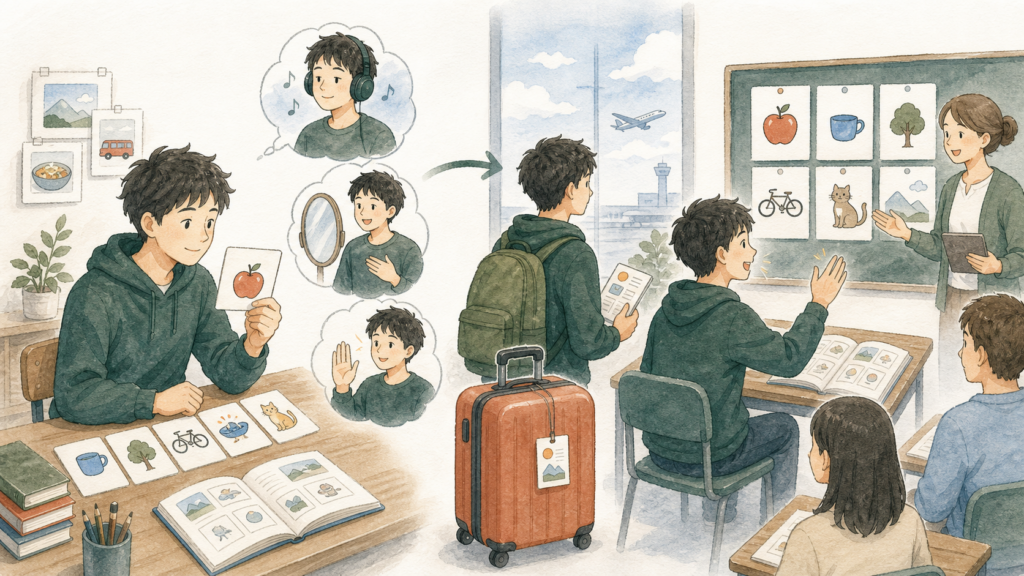 留学前に絵カード、リスニング、自己紹介を練習し、渡航後の語学学校で早く授業へ参加する留学生のイラスト