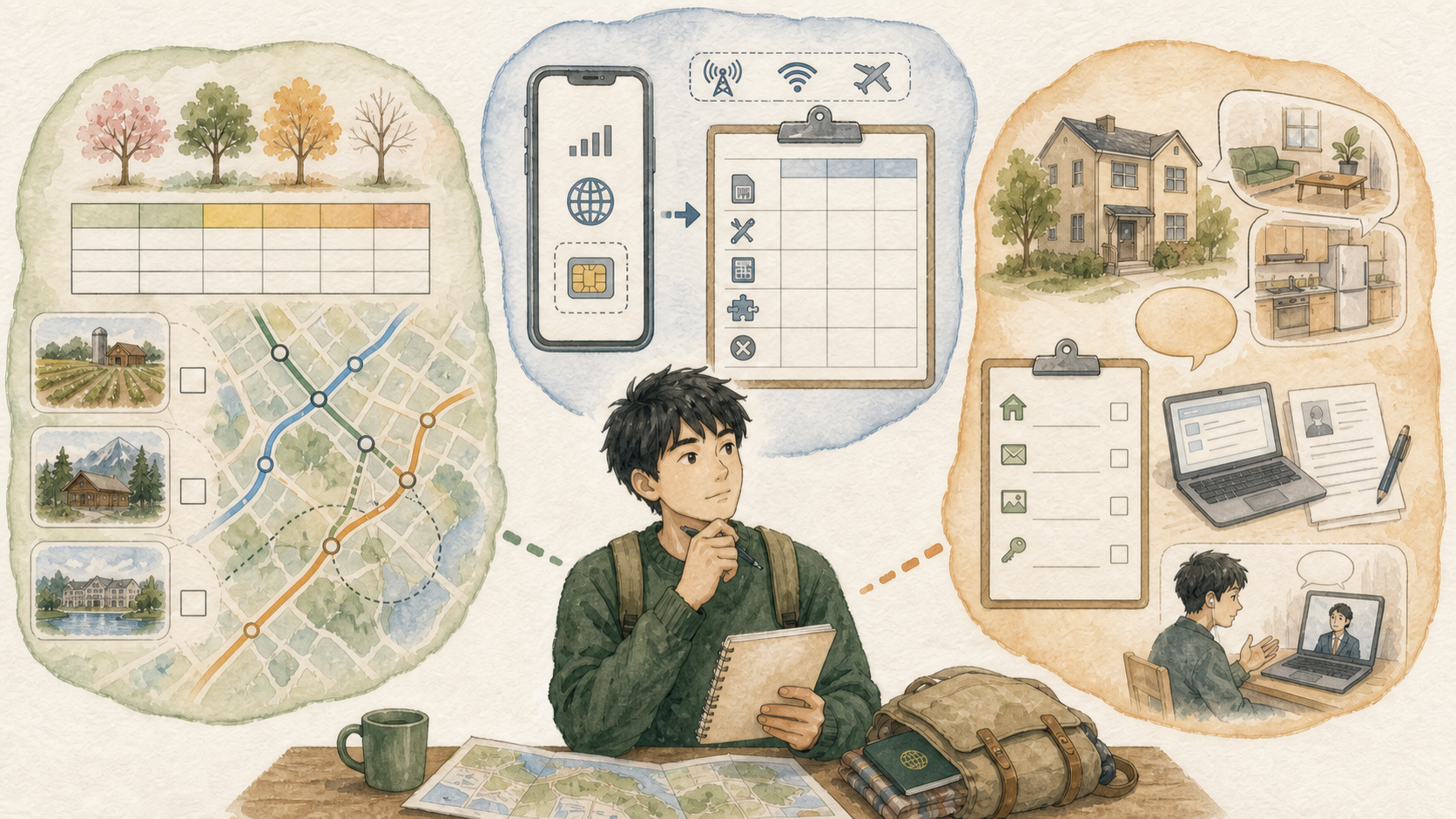 若い男性が仕事を探す季節と地域、現地スマホ契約の総額、家探しと仕事探しを同時に進める準備を確認しているイラスト