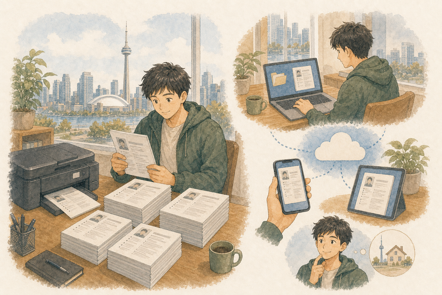 日本人男性がレジュメを多めに印刷し、PDFデータをパソコン、スマートフォン、クラウドへ保存しているイラスト