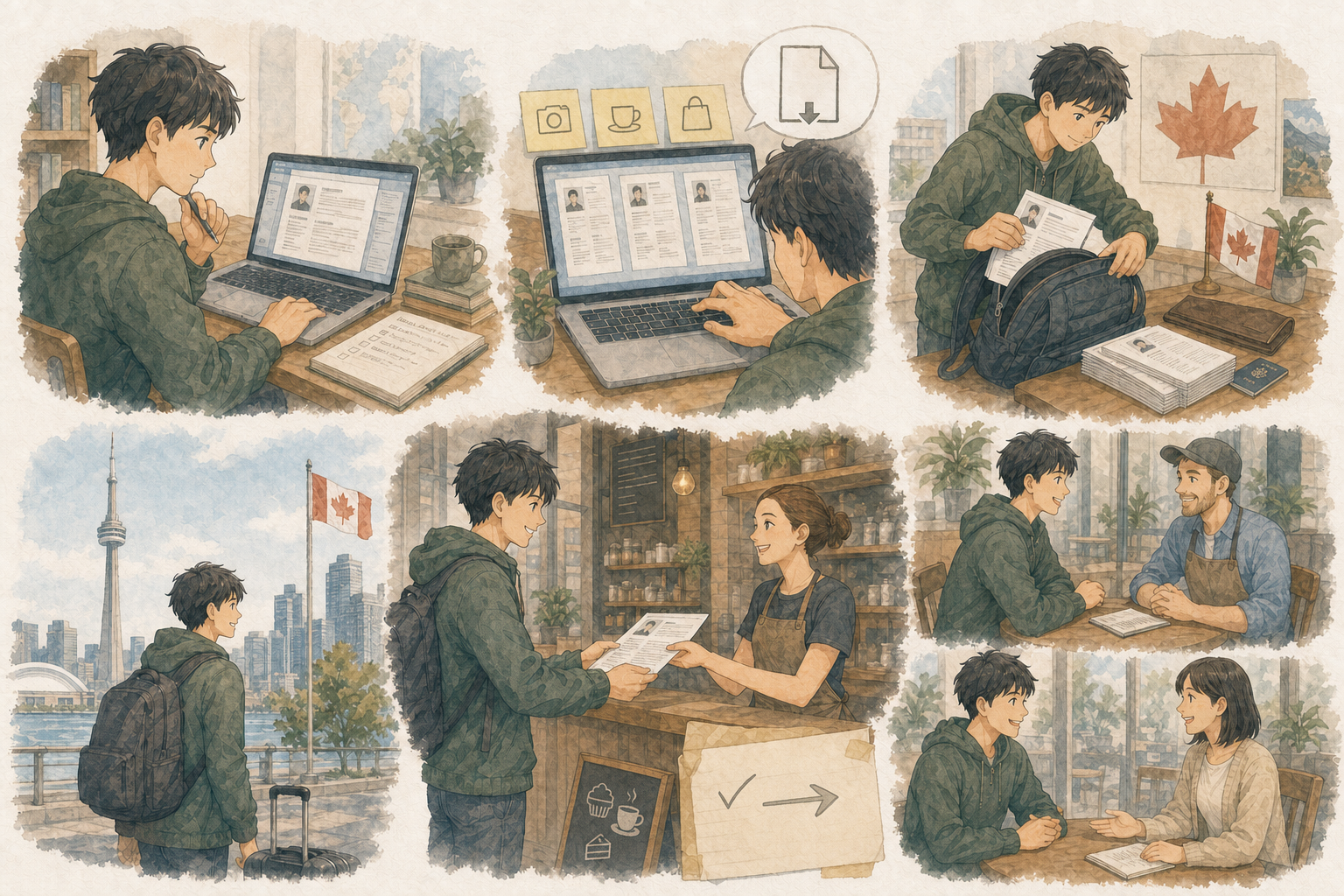 日本人男性が日本で職種別のレジュメとPDF、印刷物を準備し、トロント到着後すぐにカフェへ配って面接へ進むイラスト