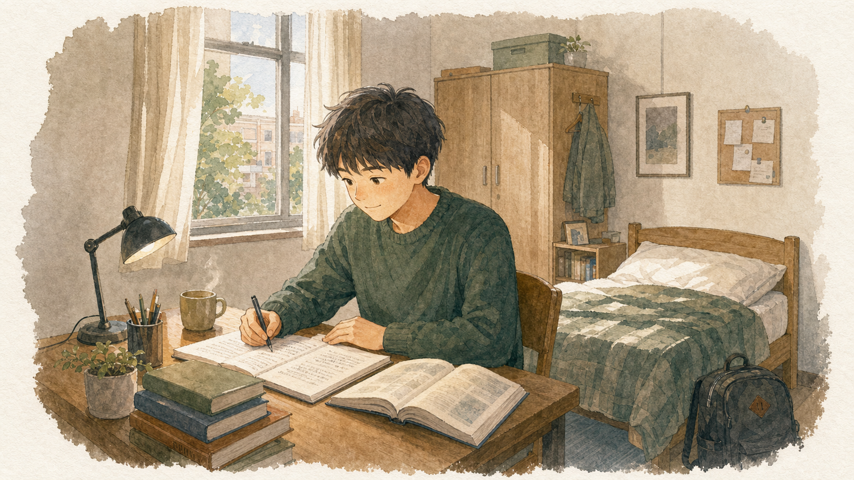 若い男性がアメリカの学生寮の一人部屋で、授業後に落ち着いて英語を勉強しているイラスト