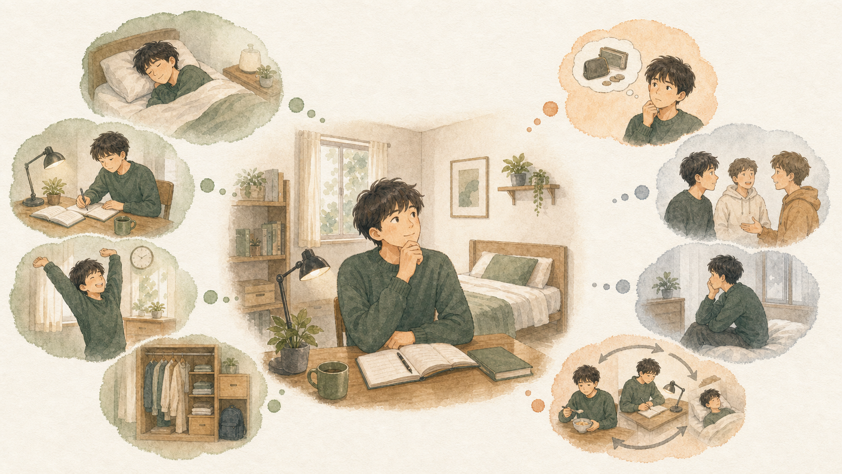 一人部屋で休息や勉強、自分のペースを確保できる一方、費用や孤独、英語を話す機会の少なさも考える若い男性のイラスト