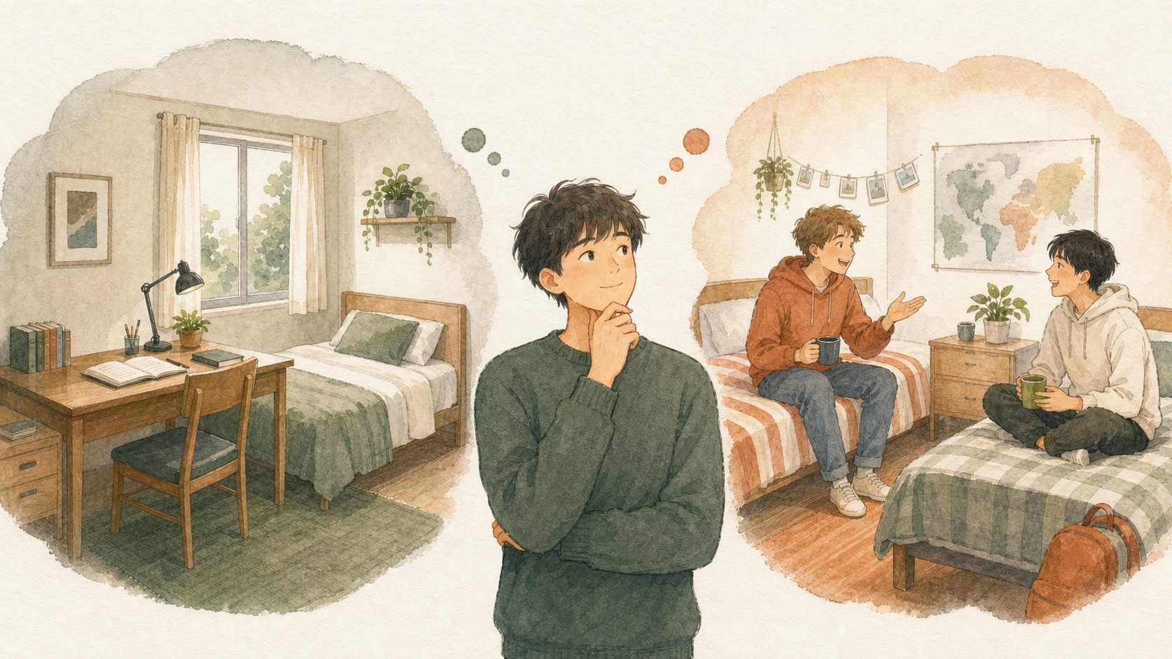 若い男性が静かに過ごせる一人部屋と、ルームメイトと交流できる相部屋を見比べているイラスト