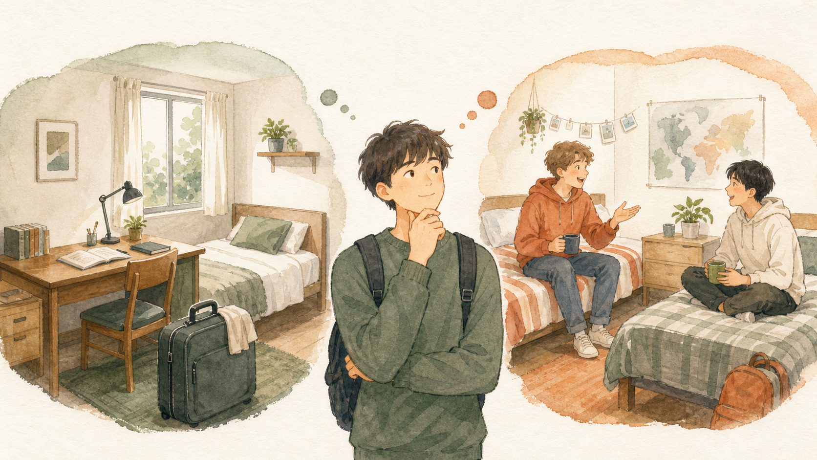 一人部屋と相部屋の寮生活を見比べながら、男子留学生が自分に合う部屋を考えているイラスト
