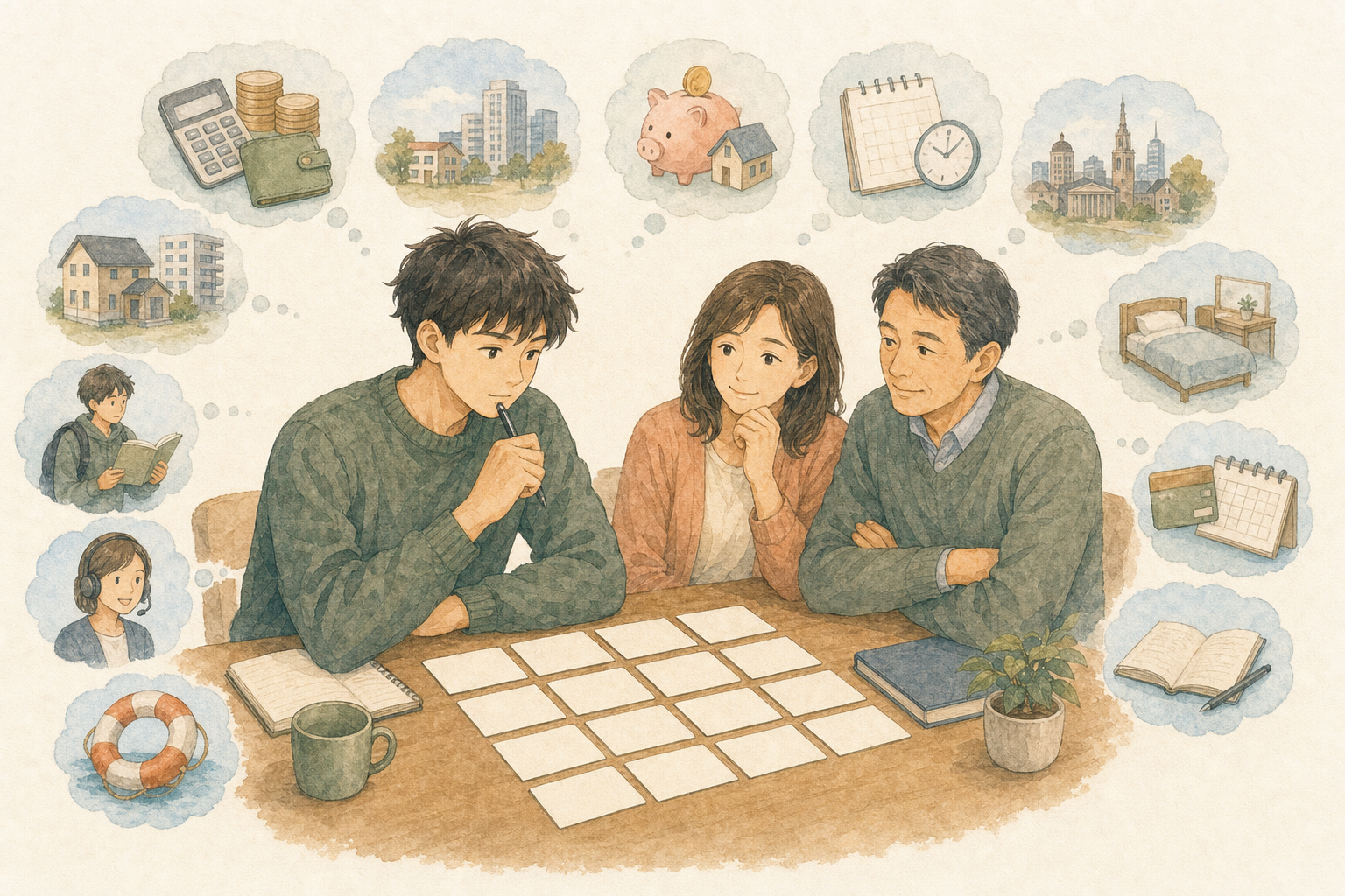 大学生が総費用、生活費、予算を下げる方法、期間、都市、学校、滞在方法、支払い、休学、進路、緊急支援を質問カードに整理するイラスト