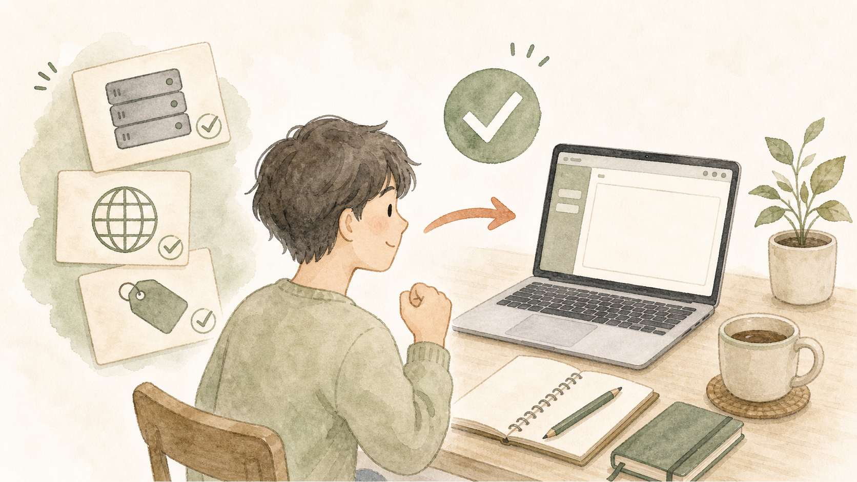 設定カードにチェックが入り、初心者がすぐにブログ記事を書き始められる状態になっているイラスト
