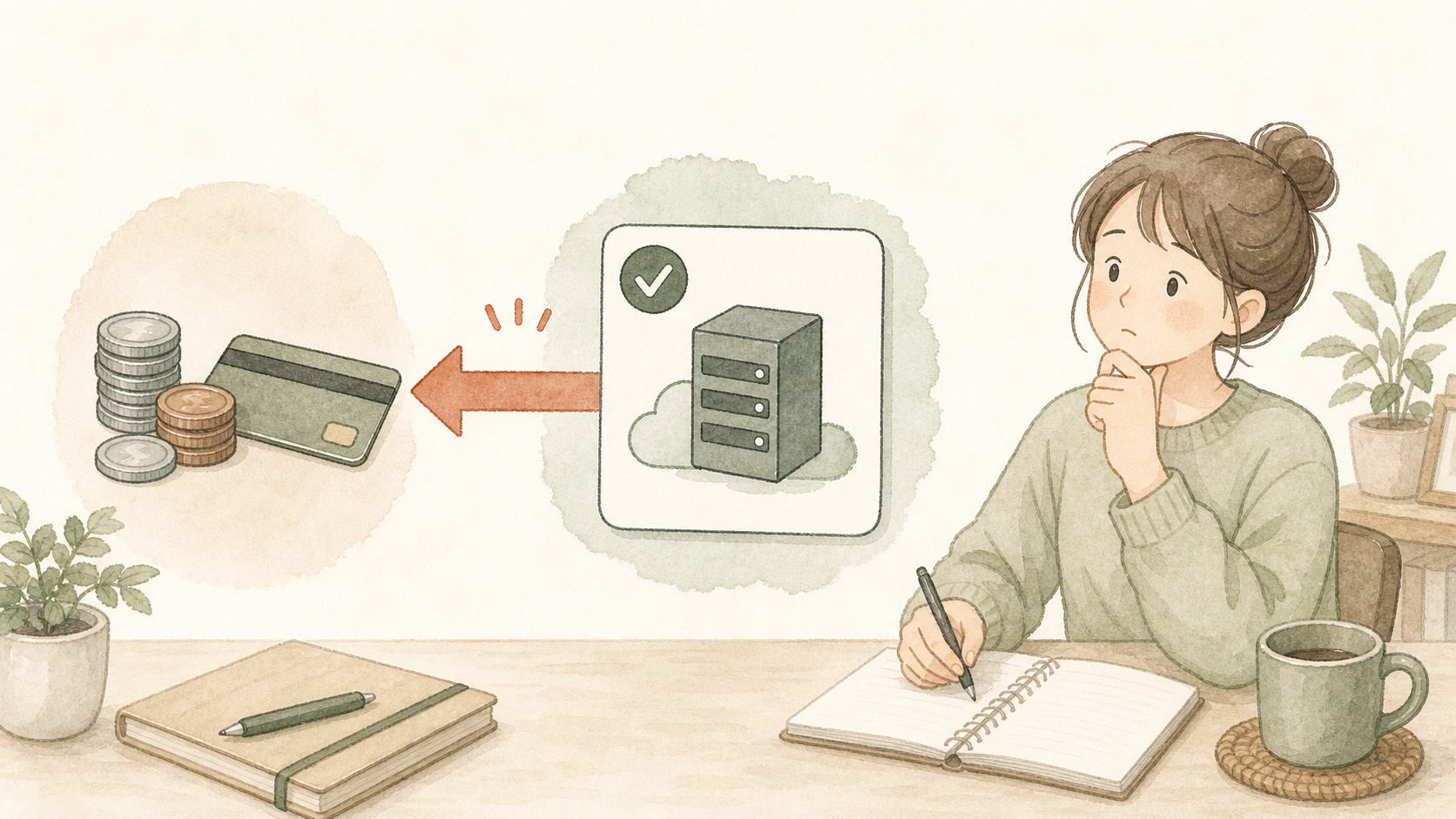 サーバー申し込みカードから支払いカードとコインへ矢印が伸び、先に費用が発生することを表すイラスト