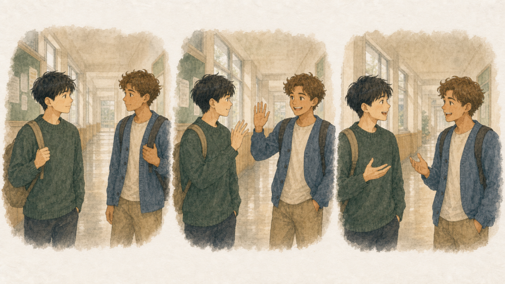 若い男性が語学学校の廊下で同じ留学生に繰り返し挨拶し、少しずつ会話できるようになる様子を描いたイラスト