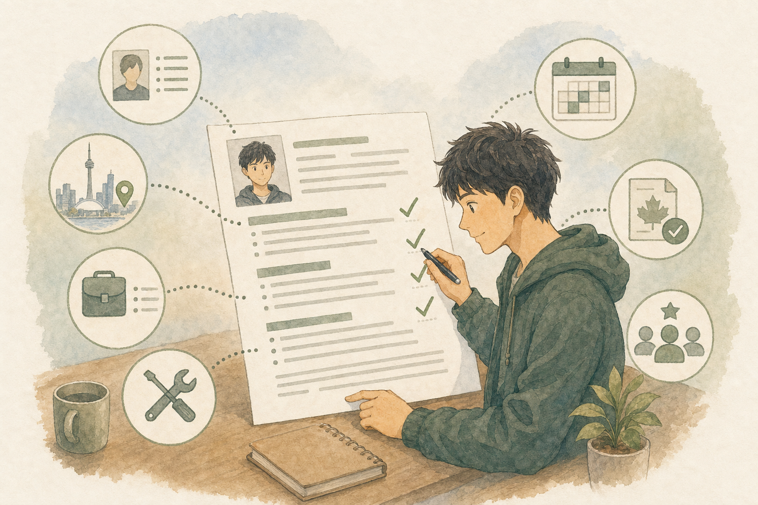 日本人男性が連絡先、居住地、職歴、スキル、勤務可能時間、ビザ期限、応募先で生かせる経験をレジュメに整理するイラスト