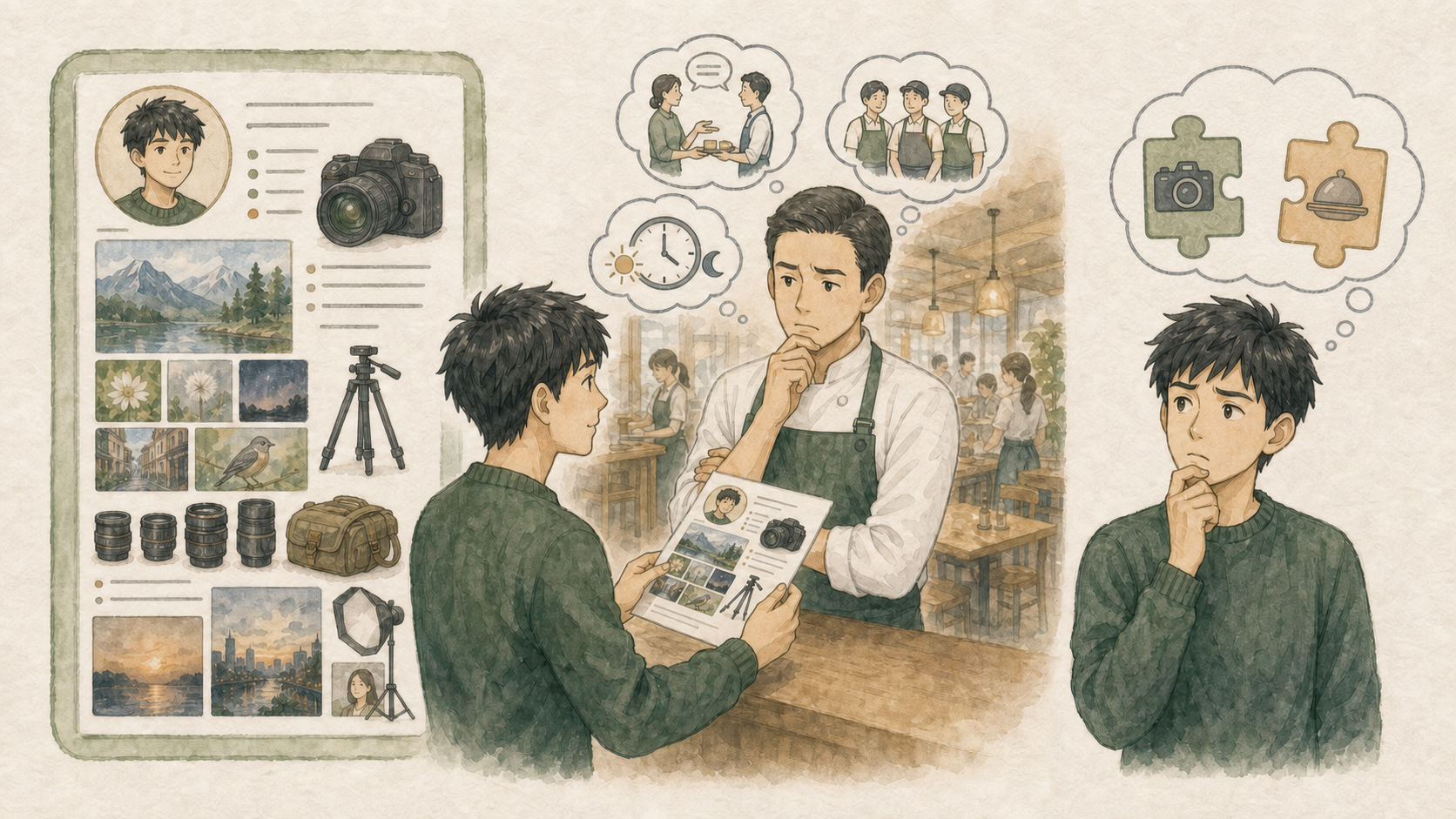 若い男性が写真作品やカメラ経験を中心にしたレジュメを飲食店へ渡し、店側が求める接客、チーム作業、勤務可能時間とのずれに気づくイラスト